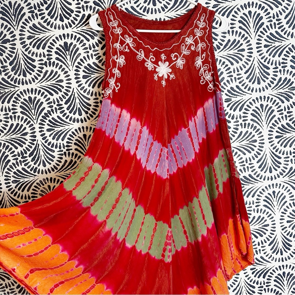 Unbranded Bohemian Embroidered Tie Dye Tank Dress